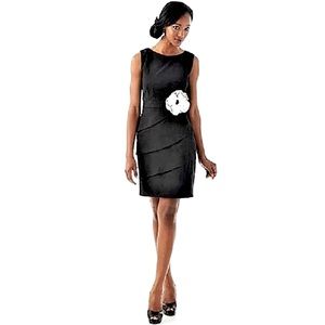 CONNECTED APPAREL I Black Asymmetrical Tiered Dress with Flower Accent